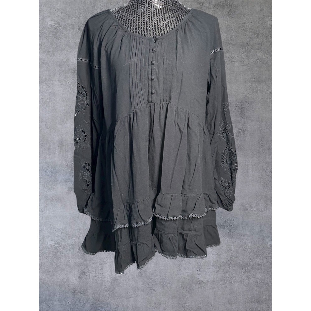 Aveology Tunic Top Womens 18 Black Embroidered Ruffle Boho Tunic